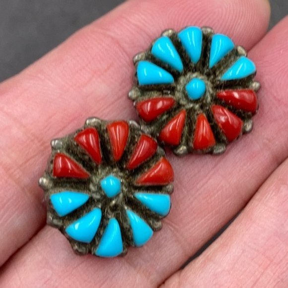Vintage Zuni Sterling Turquoise Coral Pierced Earrings - Picture 2 of 5